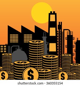 Oil refinery silhouette at sunset, vector illustration