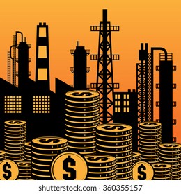 Oil refinery silhouette at sunset, vector illustration