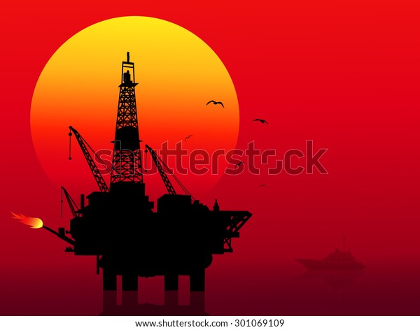 Oil Refinery Sunset Ocean Stock Vector (Royalty Free) 301069109