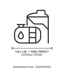 Oil refinery tank linear icon. Petroleum product. Refinery storage. Crude oil. Energy industry. Supply chain. Thin line illustration. Contour symbol. Vector outline drawing. Editable stroke