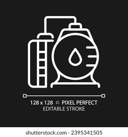 Oil refinery white linear icon for dark theme. Power plant. Petroleum product. Chemical industry. Energy production. Thin line illustration. Isolated symbol for night mode. Editable stroke