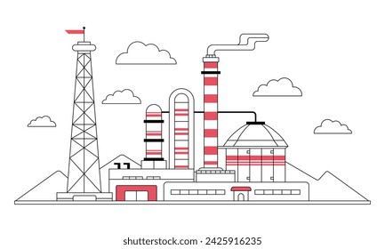 Oil refining industry building. Industrial plant with chemical pipes and tower. Line vector minimalistic illustration on white background. A group of factory buildings, mountains and clouds