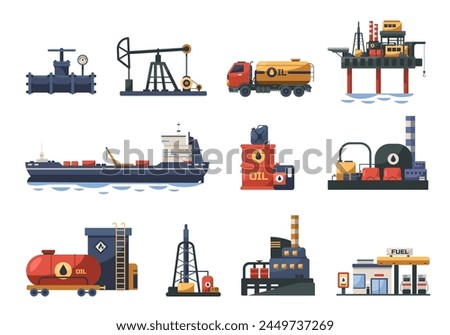 Oil refining industry. Cartoon oil refinery plant with oil barrels and pipeline, tanker truck and tanker ship, production concept. Vector collection