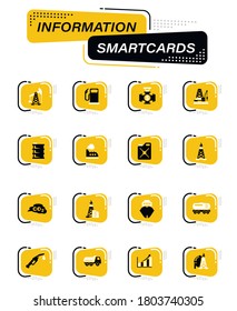 Iconos vectoriales de color de la industria del refinado de petróleo en tarjetas inteligentes de información para el diseño de la interfaz de usuario