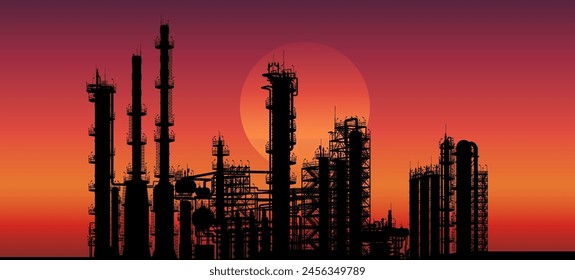 Oil refining plant. Oil production. Vector illustration. Sketch for creativity.