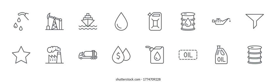 Iconos de línea relacionados con el petróleo. Estación de gas de camión de combustible de iconos, parada editable de fábrica de aceite