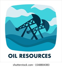 Icono de recursos petroleros. Los bombeos bombean petróleo crudo en pozos y paisajes montañosos. Campo de la bomba, producción de petróleo. Recursos naturales, concepto de problemas ambientales. Ilustración vectorial, texto.