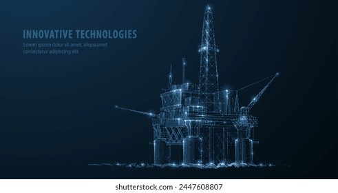 Plataforma de engrase. Abstractas plataforma de plataforma flotante 3d aislada en azul. Plataforma de gas, perforación en alta mar, planta de refinería, industria petrolera, recurso energético, perforación de pozos de innovación, concepto de equipo de campo petrolífero