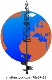 Oil rig with an abstract image of the drill against the backdrop of the planet Earth.