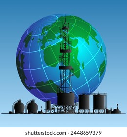 Oil rig against the backdrop of the globe. Vector illustration. Sketch for creativity.