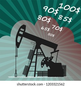 Oil rig amid diverging rays and figures with the rising cost of a barrel of oil. Vector illustration
