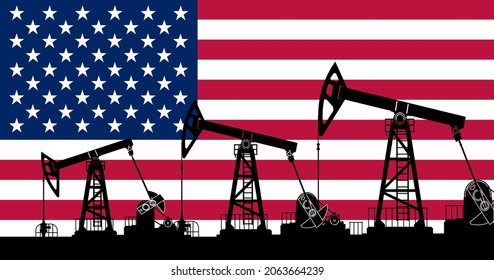 Oil rig with the background of an American flag. Vector illustration