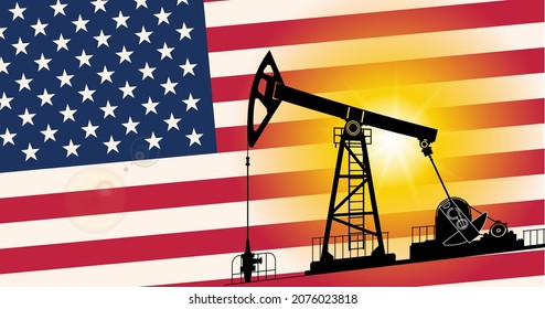 Oil rig with the background of an American flag. Vector illustration. energy crisis
