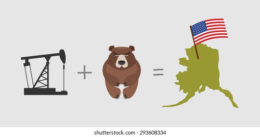 Oil rig and  bear. Symbols of Alaska. American flag. Vector illustration 