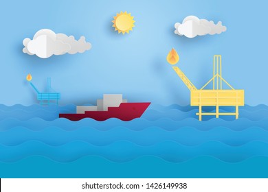 Oil rig and Oil boat in the sea in Paper cut for Energy power concept