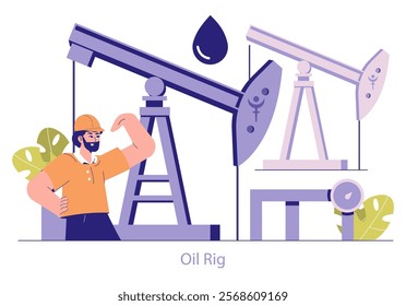 Oil Rig concept. A confident worker flexes muscles beside a towering derrick, illustrating energy extraction. Exploration, industry, and power themes. Vector illustration.