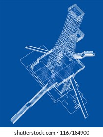 Oil rig concept. Vector rendering of 3d. Wire-frame style. The layers of visible and invisible lines are separated