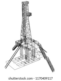 Oil rig concept. Vector rendering of 3d. Wire-frame style. The layers of visible and invisible lines are separated