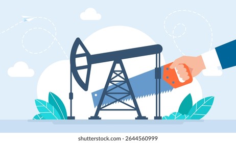 The oil rig is cut with a saw. Destroy the oil industry. Industrial petroleum fossil petrol resource power energy pump jack rig extraction mechanical. Vector illustration. 
