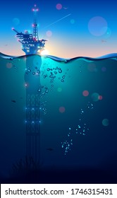 Oil Rig Or Drilling Platform In Sea And Subsea Extractions Gas And Oil From The Ocean Floor. Sunlight On Horizont In Ocean Landscape. Industry Of Mining Production On Offshore. Underwater Surface.