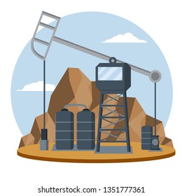 Oil rig. Extraction of minerals. Fuel production, heavy industry. Tower to pump black liquid. Middle East, mountains and desert. Oil tank. Natural scenery. Engineer's place of work. Flat cartoon