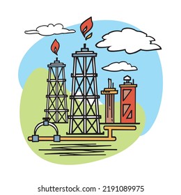Oil rig in flat style, tower refinery oil and gas production vector illustration