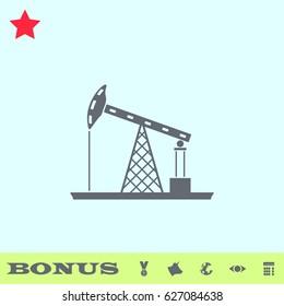 Oil Rig icon flat. Grey pictogram on blue background. Vector illustration symbol and bonus buttons medal, cow, earth, eye, calculator
