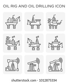 Oil Rig Icon Or Offshore Drilling Rig Icon Also Called Oil Platform, Offshore Platform. Crane And Hook Included For Well Drilling To Explore, Extract, Store, And Process Petroleum And Natural Gas. 