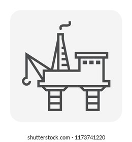 Oil rig icon or offshore drilling rig icon also called oil platform, offshore platform. Crane and hook included for well drilling to explore, extract, store, and process petroleum and natural gas. 