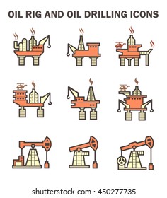 Oil rig icon or offshore drilling rig icon also called oil platform, offshore platform. Crane and hook included for well drilling to explore, extract, store, and process petroleum and natural gas. 