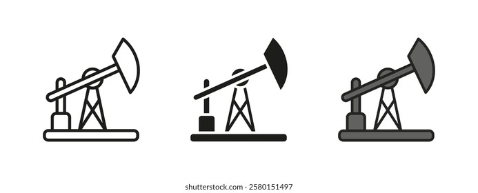 Oil rig icon. Petroleum extraction vector illustration. Industrial drilling platform symbol. Fuel energy production sign. Offshore crude pump graphic. Gas refinery economy concept.