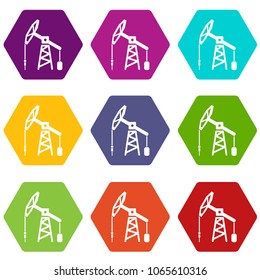 Oil rig icons 9 set coloful isolated on white for web