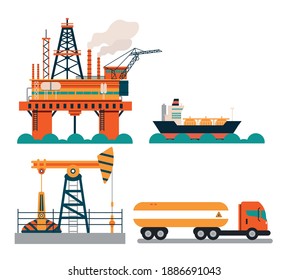 Oil rig industry of processing petrol and transportation. Chemical and petrochemical concept. Vector illustration in cartoon style.