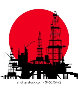 oil rig with Japanese flag background