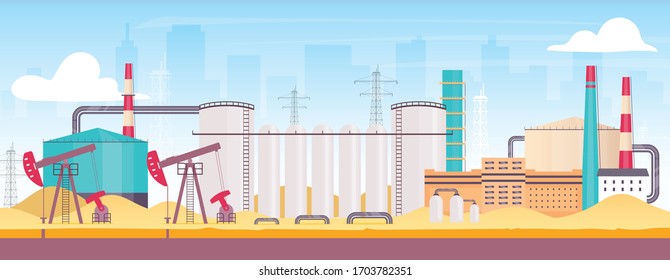 Oil rig near city flat color vector illustration. Industrial refinery plant 2D cartoon landscape with cityscape on background. Onshore manufacturing facility for burning fossil fuel extraction