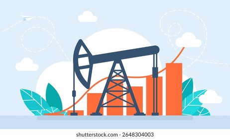 Plataforma de petróleo no fundo de gráficos e gráficos. Aumento de preço. Pumpjack na tabela de preços do petróleo, dados financeiros. Terra de petróleo bruto perfuração equipamento, derrick, bomba jack. Preço por barril. Ilustração vetorial