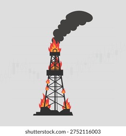 Oil rig on fire with dark smoke billowing into the sky and stock chart background