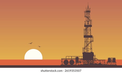 Oil rig on the shore of the southern sea. Vector illustration. Sketch for creativity.