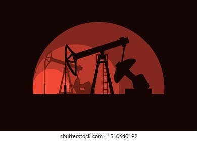 Oil rig on sunset or dawn background, vector illustration