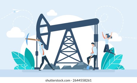 Oil rig operators. Petroleum production. Oilman and petroleum industry concept. Tiny people. Pump jack extracting crude oil from the bowels of earth. Oil production and business. Vector illustration