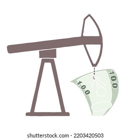 An oil rig pulls a hundred-dollar bill from the ground. The concept of rising oil prices. Gasoline price increase.
