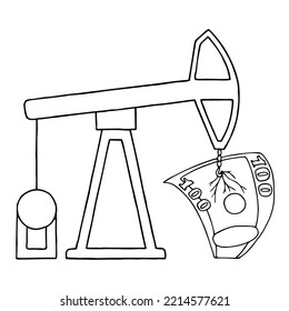 An oil rig pulls a hundred-dollar bill from the ground. The concept of rising oil prices. Gasoline price increase.	