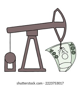 An oil rig pulls a hundred-dollar bill from the ground. The concept of rising oil prices. Gasoline price increase.	