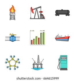 Oil rig, pump and other equipment for oil recovery, processing and storage.Oil set collection icons in cartoon style vector symbol stock illustration web.
