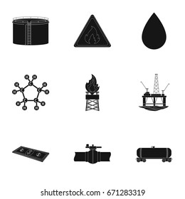 Oil rig, pump and other equipment for oil recovery, processing and storage.Oil set collection icons in black style vector symbol stock illustration web.