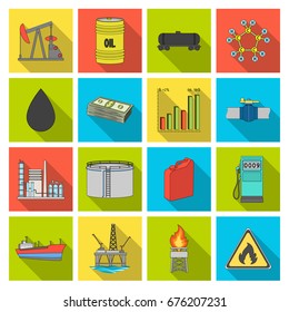 Oil rig, pump and other equipment for oil recovery, processing and storage.Oil set collection icons in flat style vector symbol stock illustration web.
