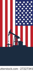Plano de fundo de abóbada da plataforma de óleo. Indústria petrolífera americana. bandeira dos Estados Unidos da América. Petróleo bruto