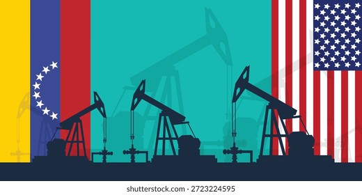 Fondo de pumpjack de plataforma petrolera. Industria petrolera estadounidense y venezolana. bandera de los Estados Unidos de América y bandera de Venezuela