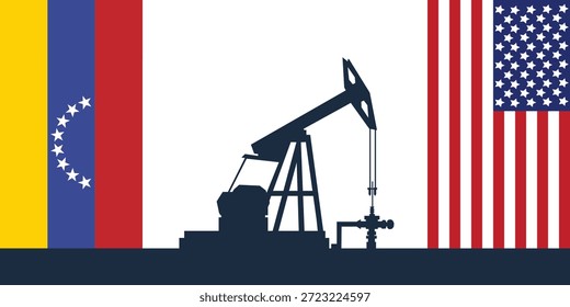 Fondo de pumpjack de plataforma petrolera. Industria petrolera estadounidense y venezolana. bandera de los Estados Unidos de América y bandera de Venezuela