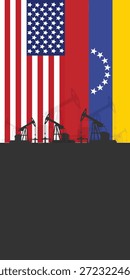 Fondo de pumpjack de plataforma petrolera. Industria petrolera estadounidense y venezolana. bandera de los Estados Unidos de América y bandera de Venezuela